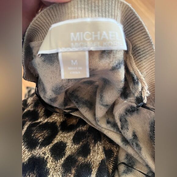 Michael Kors Leopard V-Neck Tunic Sweater M Brown Lightweight Layering Animal - Picture 4 of 10